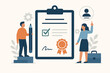 © Jule - Professional certification and license renewal concept. Business people with contract agreement. Policy compliance, quality standard verification, and validation document vector.