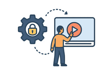 Fototapete - Cartoon illustration of a person interacting with a video play button on a screen, connected to security settings