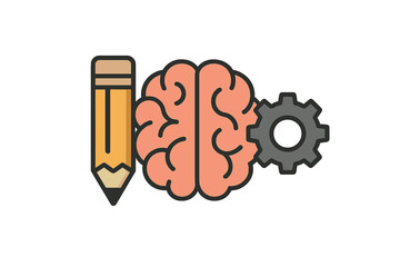 Poster - Creative thinking concept featuring a pencil, brain, and gear isolated