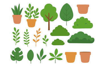 Poster - Cartoon vector illustration featuring plants, bushes, trees, and flower pots isolated on white