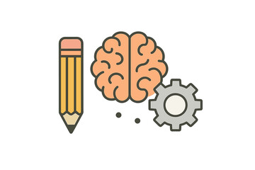 Poster - Cartoon drawing features pencil, brain, and gear representing idea generation process