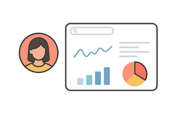 Aufkleber - Woman icon paired with computer screen showing data analytics charts and search bar