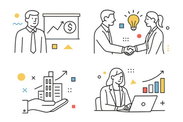 Poster - Four simple business icons showing business presentation, shaking hands, real estate growth and working on laptop