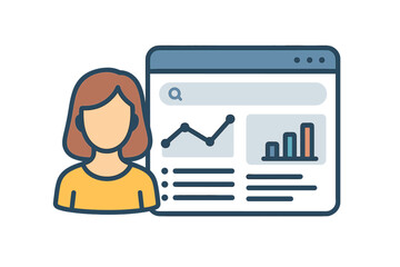 Aufkleber - Woman user analyzes website analytics data, viewing charts and reports, cartoon vector illustration isolated
