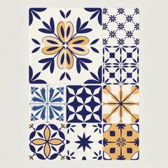 Poster - Exquisite Handcrafted Portuguese Azulejo Tile Print: Blue & Yellow Floral Mosaic