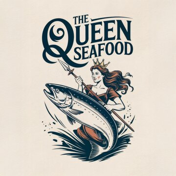 Majestic QUEEN Seafood: Vintage-Inspired Art of a Regal Woman Riding a Salmon