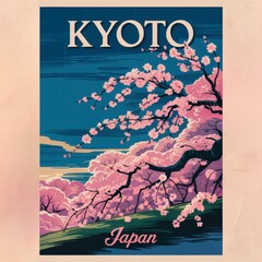 Poster - Vintage Kyoto Cherry Blossom Travel Poster - Retro Mid-Century Aesthetic Decor