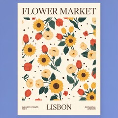 Poster - Charming Vintage Floral Print: Sunflowers & Tulips in Elegant Lisbon Design