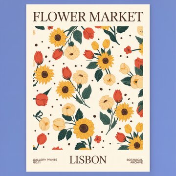 Charming Vintage Floral Print: Sunflowers & Tulips in Elegant Lisbon Design