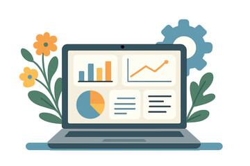Aufkleber - Laptop showing financial data, charts, gear, and flowers cartoon vector illustration icon isolated