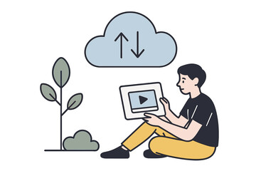 Poster - Person sitting with tablet uploading to cloud storage, vector illustration