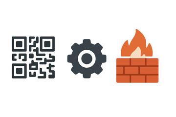 Poster - Cartoon illustration showing qr code, gear, and firewall isolated on white