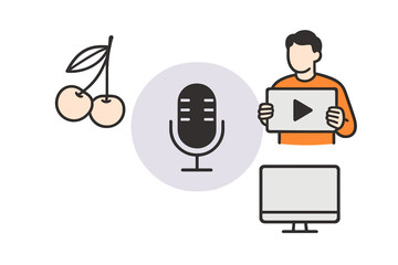Poster - Illustration showing media creation with microphone, fruits, and computer screen