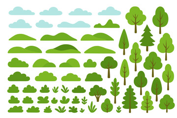 Poster - Cartoon nature landscape vector illustration with hills, trees, bushes, clouds isolated on white