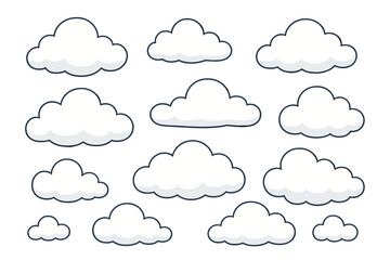 Poster - Cartoon collection of various sizes and shapes of white clouds with black outline isolated on white background