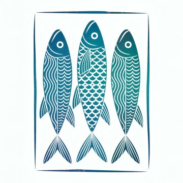 Vibrant Blue Linocut Fish Print: Captivating Patterns Against a Crisp White Canvas