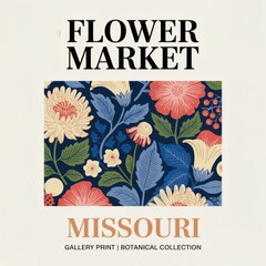 Poster - Elegant Vintage Botanical Print: Coral & Cream Florals on Navy - Flower Market