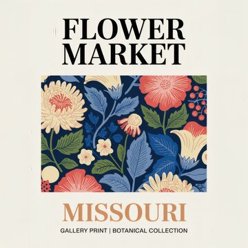 Elegant Vintage Botanical Print: Coral & Cream Florals on Navy - Flower Market