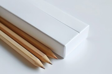 Poster - High Definition View of a Set of Wooden Pencils and a White Box with a Plant on it