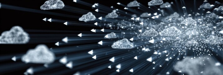 Poster - Data Breach Visualization Shows User Data Leak With Animated Arrows and Cloud Representations in a Dark Layout