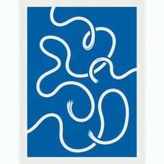 Poster - Serpentine Harmony: Minimalist Abstract in Cobalt Blue with Fluid White Lines