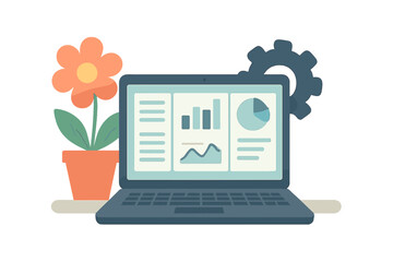 Aufkleber - Cartoon laptop with financial data, flower in pot, and decorative gear isolated