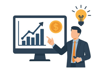 Poster - Businessman presenting financial growth chart on computer screen with idea bulb