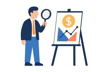 Poster - Businessman examines financial chart on easel with magnifying glass isolated vector icon