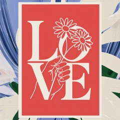 Poster - Modern Minimalist Love: Hand-Drawn Line Art with Daisies on Bold Red Background