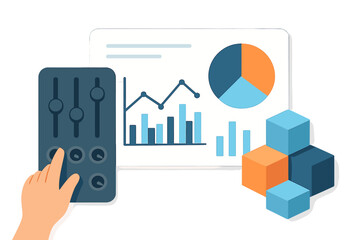 Poster - Adjusting business analytics data with sliders and graphs, isolated cartoon vector illustration icon