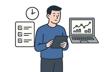 Poster - Cartoon vector illustration depicting a man using a tablet, surrounded by a checklist, clock, and a laptop displaying a graph