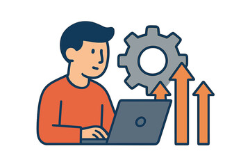 Poster - Man uses laptop with gear icon and arrows pointing upwards in white isolated background