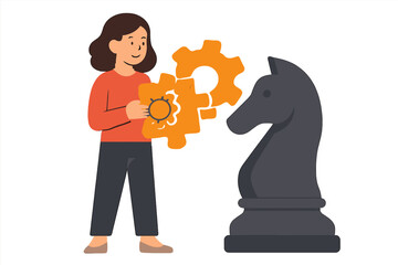 Poster - Woman assembling strategy with gears and knight chess piece, creating a solution