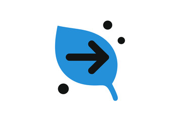 Poster - Blue leaf with black arrow pointing right surrounded by small black circles vector cartoon isolated