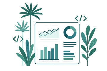 Poster - Illustration of data visualization dashboard with code and plants, isolated