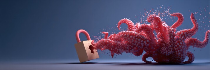 Leinwandbilder - Melting 3D Lock Icon Dissolving Into Phishing Tentacles in a Surreal Digital Environment