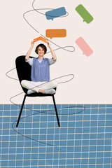 Poster - Poster banner collage of girl sit chair hold book over blue pastel background with speech bubble