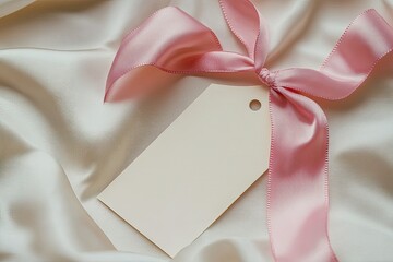 Fototapete - Detailed Picture of Blank Gift Tag with Pink Satin Ribbon Isolated