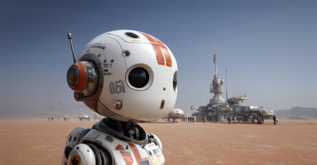 Aufkleber - A robot is stationed on a desert-like planet, observing the surroundings. Equipment and structures are visible in the background, hinting at ongoing exploration.