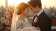 © Prostock-studio - Joyful couple smiles at each other while embracing during their wedding ceremony at sunset on a rooftop. Beautiful floral arrangements surround them, enhancing the romantic atmosphere.