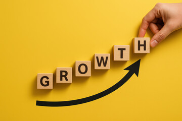 Poster - Progress and improvement are symbolized by wooden blocks rising to form a concept growth illustrating advancement and success in business