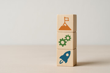 Poster - Growth and innovation drive business progress symbolized by a rocket cogs and a mountain peak with a flag