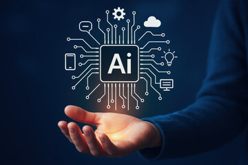 Poster - A digitally extends upward beneath a glowing symbol representing artificial intelligence and connected technology highlighting innovation and digital transformation