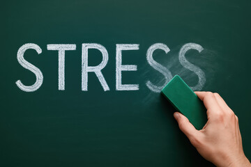 Poster - Managing pressure and tension is essential for maintaining productivity and focus in professional environments as shown by the erasing stress on a chalkboard