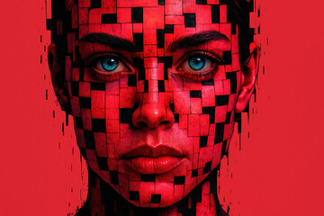 Poster - Vision and innovation unite as fragmented patterns on a poised face symbolize strategic integration in business environments