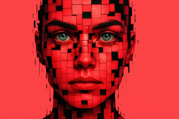 Aufkleber - A fragmented face composed red geometric blocks symbolizes transformation and innovation in modern digital identity management