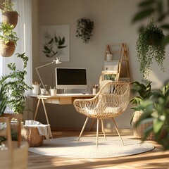 Poster - Cozy desk setup featuring a laptop and chair in a bright room emphasizing a relaxed workspace