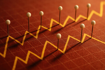 Poster - A zigzagging yellow on a textured red surface illustrates market fluctuations marked by thin pins symbolizing data points and trend shifts in business analysis