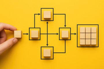 Poster - A strategic process is illustrated as wooden blocks connect on a bright yellow background symbolizing planning and growth in business