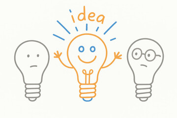 Poster - A smiling light bulb with outstretched arms symbolizes creativity and innovation standing out among two neutral bulbs as a bright idea in a business context